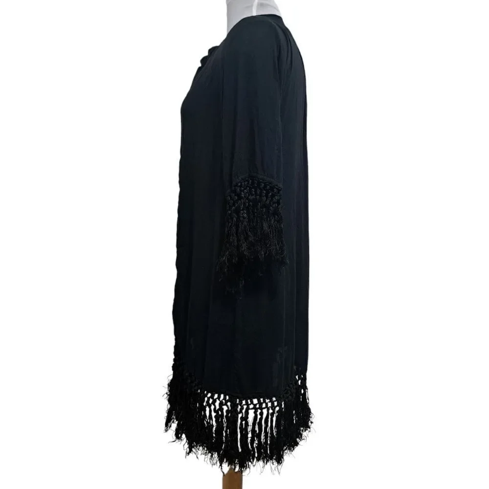 Tigerlily Embroidered Button Down Fringe Cardigan Cruise Dress Small Black